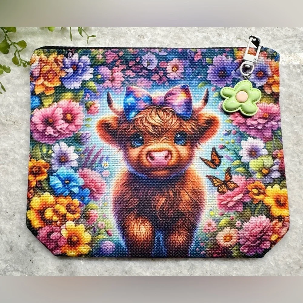 New Baby Highland Cow Makeup Cosmetic Tech Pencil Bag w/ Flower Charm - 8.75”
